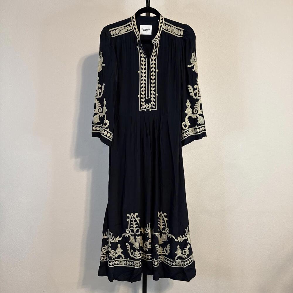 $950 Isabel Marant Etoile Embroidered Crepe 'Feliana' Midi Dress Sz: 34 US 2 - Picture 1 of 15